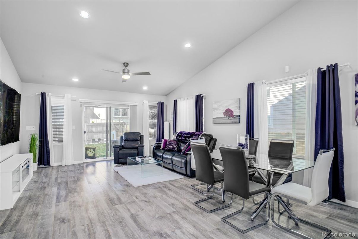 Dining room, Interior, Living room, Recessed Lighting, Wood Texture Flooring
