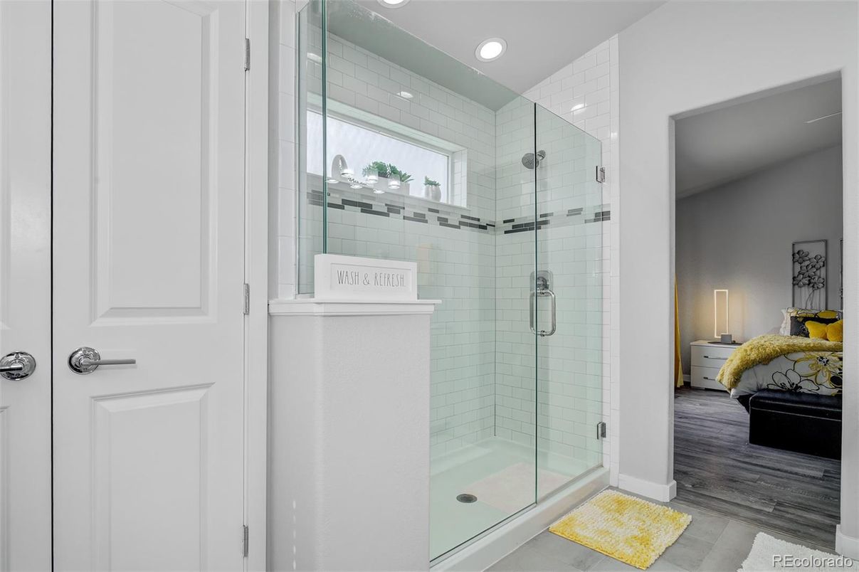 Bathroom, Glass Shower, Interior, Recessed Lighting, Wood Texture Flooring