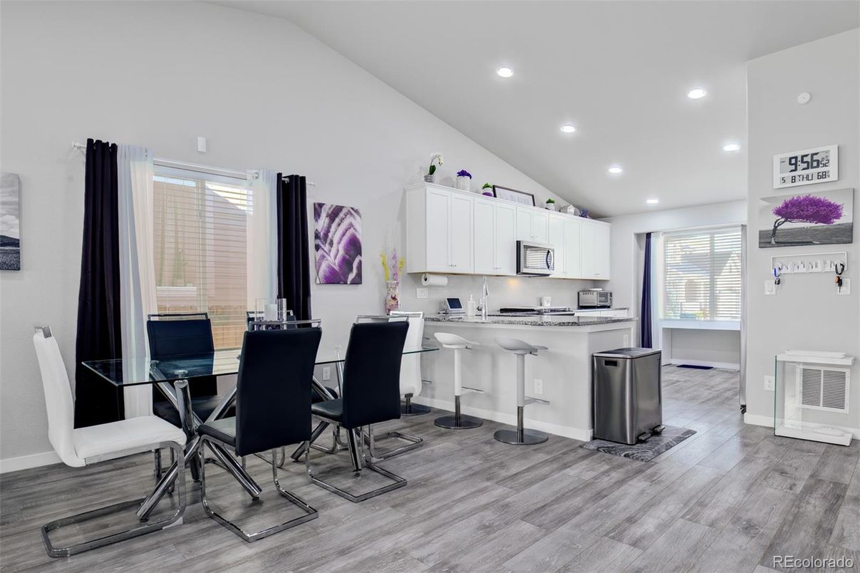 Dining room, Interior, Kitchen, Recessed Lighting, Wood Texture Flooring
