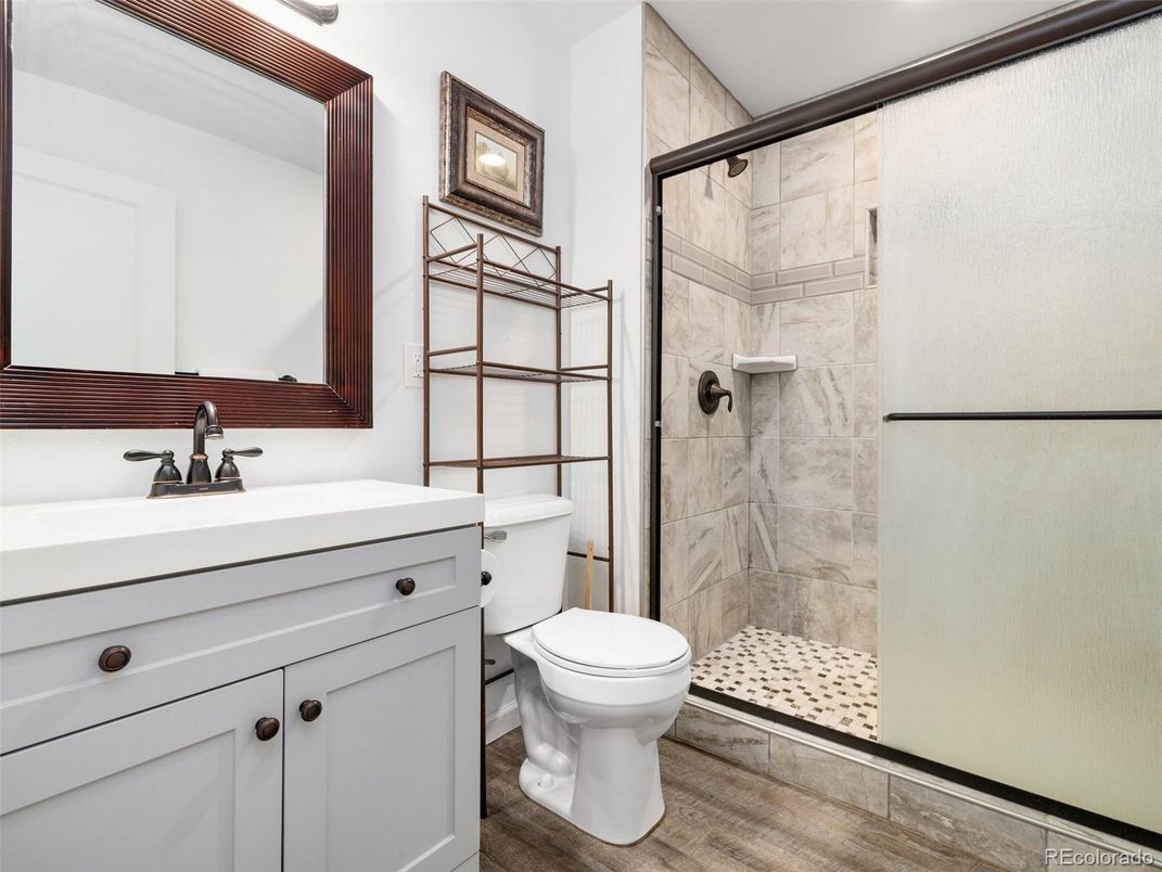 Bathroom, Glass Shower, Interior, Wood Texture Flooring
