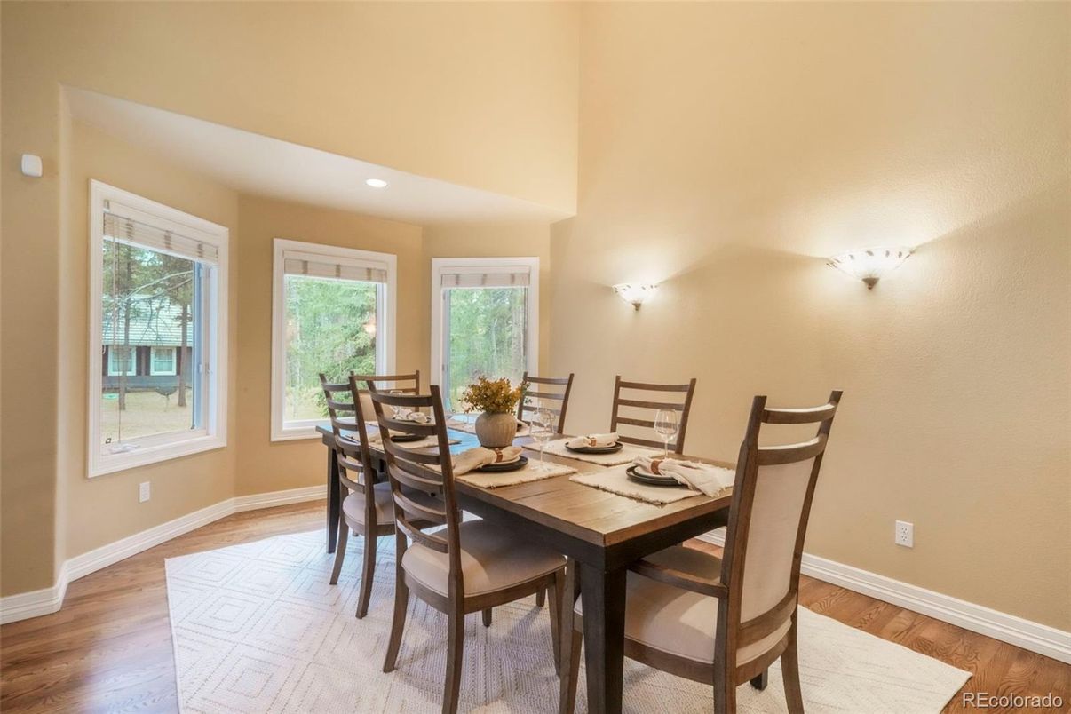 Dining room, Interior, Recessed Lighting, Wood Texture Flooring