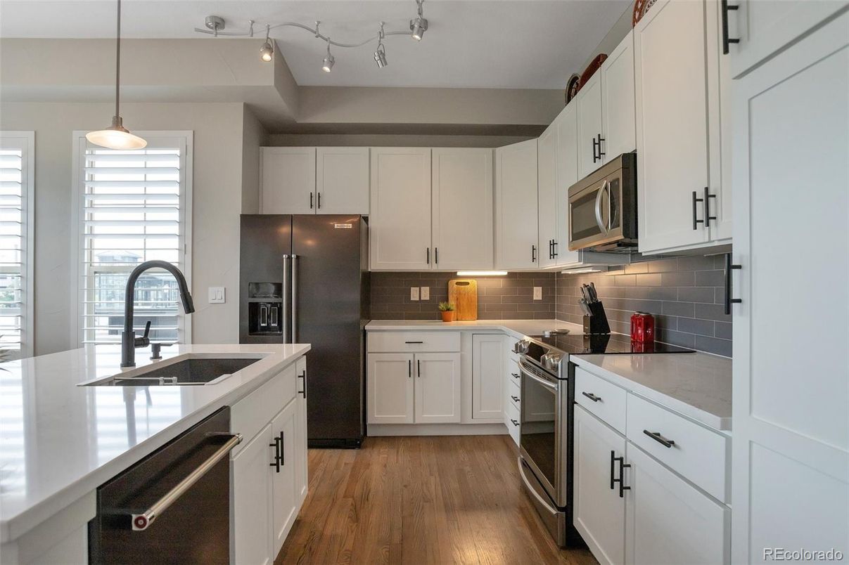 Interior, Kitchen, Pendant Lights, Stainless Steel Appliances, Wood Texture Flooring