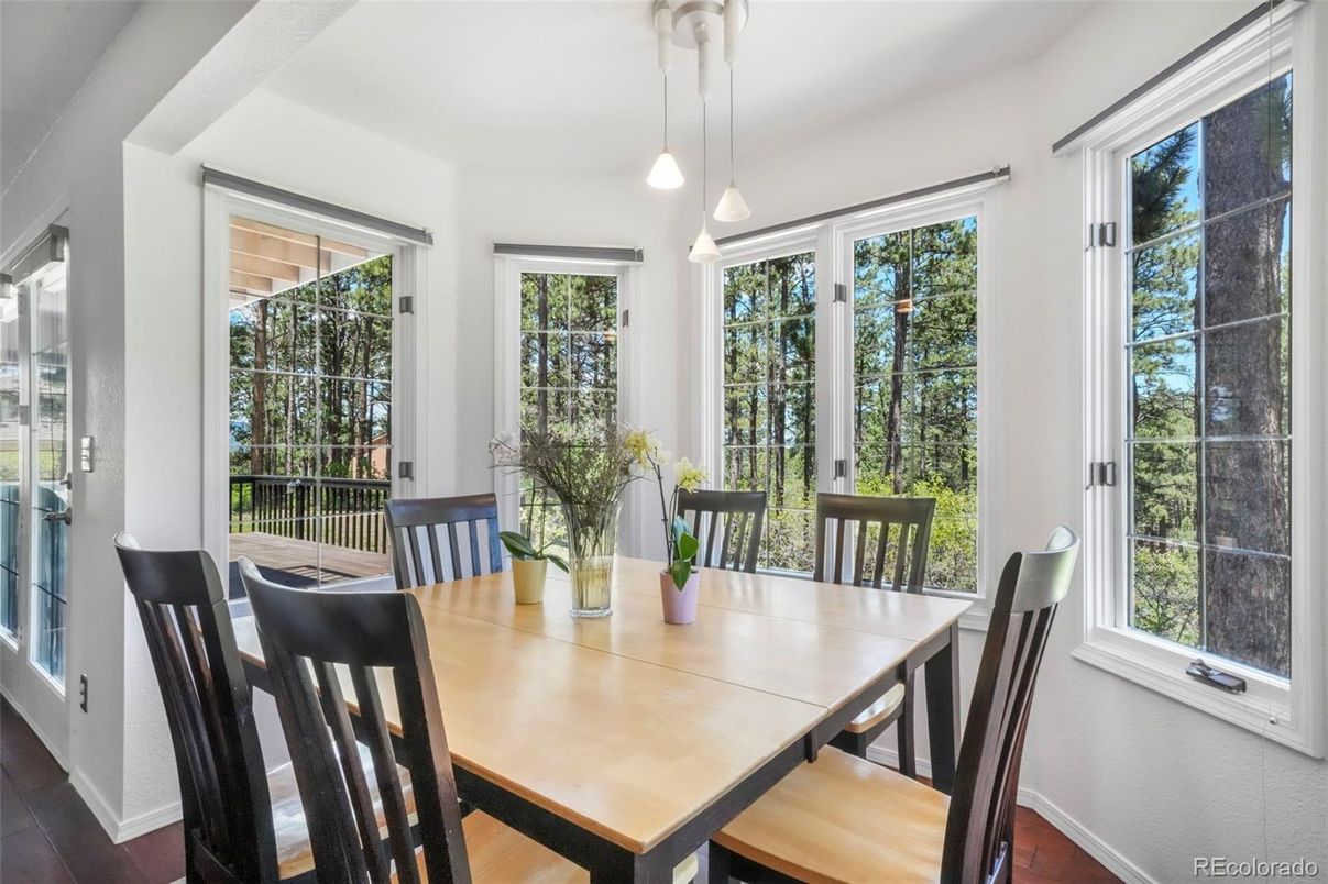 Dining room, Interior, Pendant Lights, Wood Texture Flooring