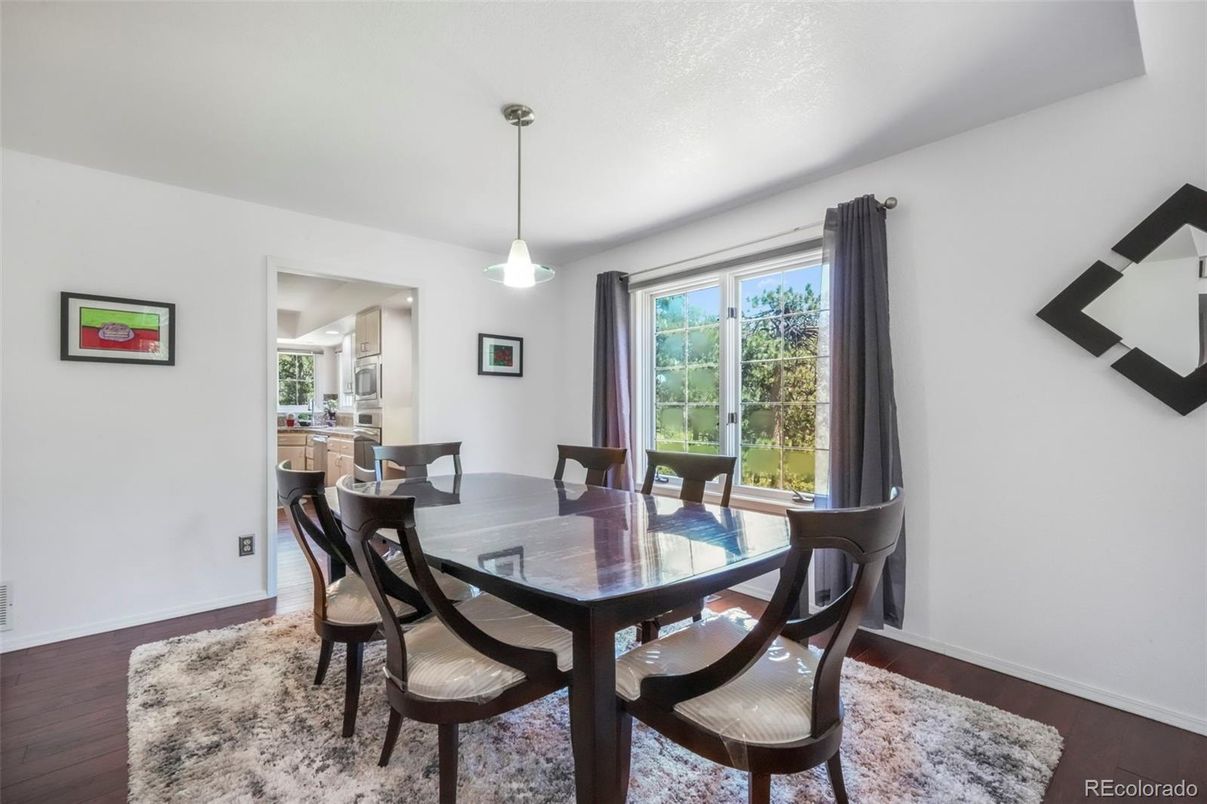 Dining room, Interior, Pendant Lights, Wood Texture Flooring