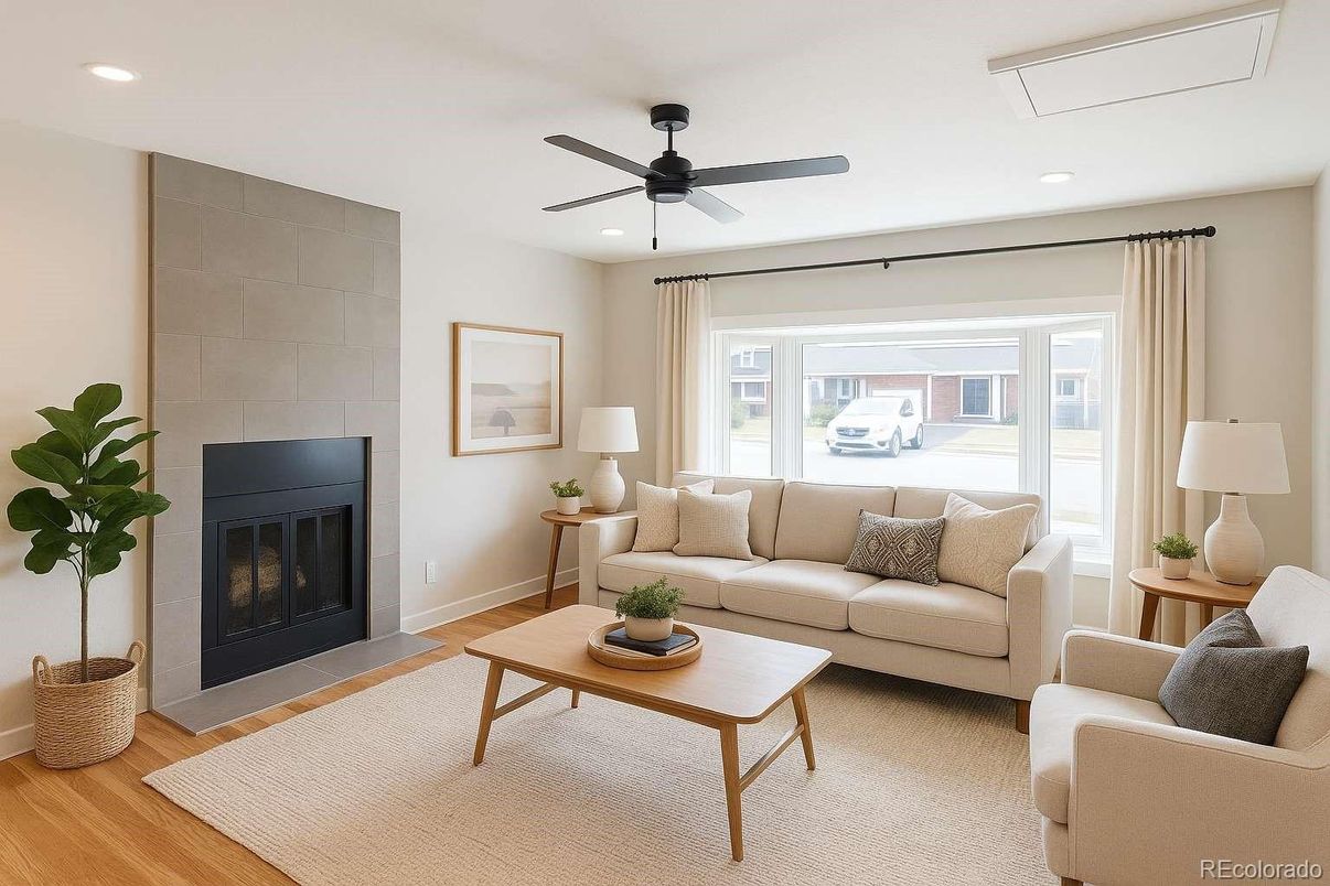 Fireplace, Interior, Living room, Recessed Lighting, Stone Walls, Wood Texture Flooring
