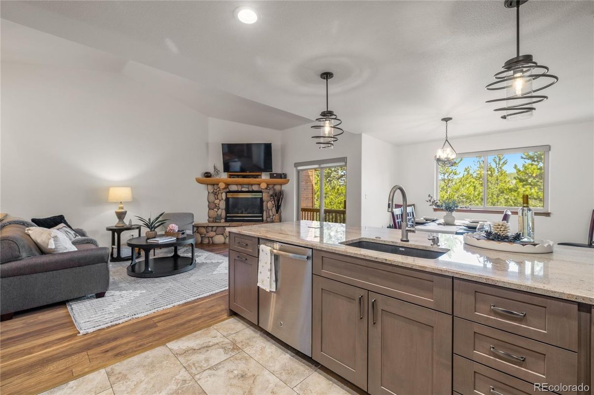 Fireplace, Interior, Kitchen, Living room, Pendant Lights, Recessed Lighting