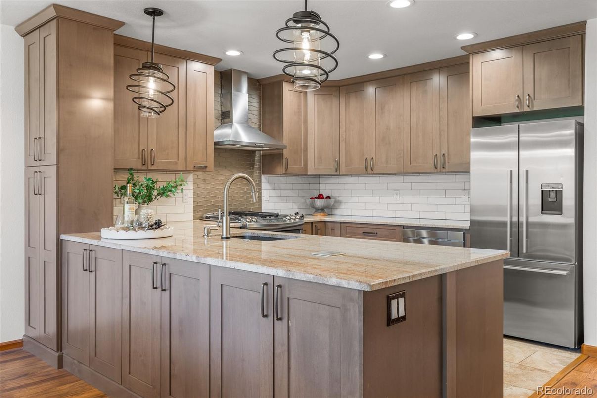 Interior, Kitchen, Pendant Lights, Recessed Lighting, Stainless Steel Appliances, Wood Texture Flooring