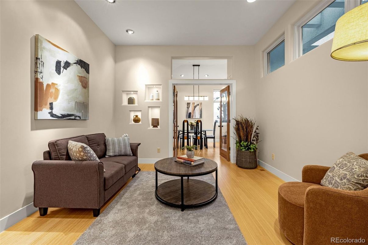 Dining room, Interior, Living room, Recessed Lighting, Wood Texture Flooring