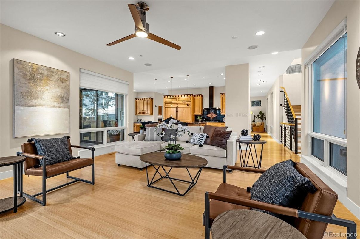 Interior, Kitchen, Living room, Pendant Lights, Recessed Lighting, Wood Texture Flooring
