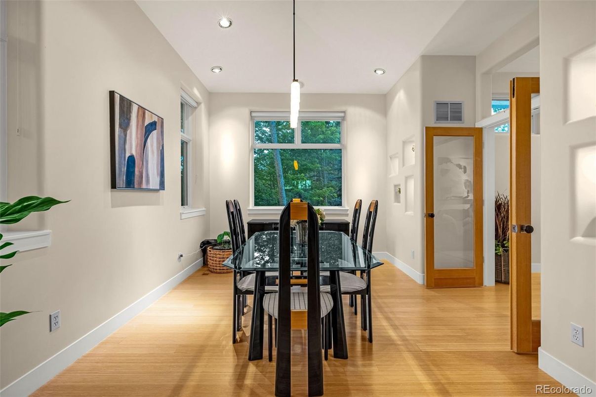 Dining room, Interior, Pendant Lights, Recessed Lighting, Wood Texture Flooring