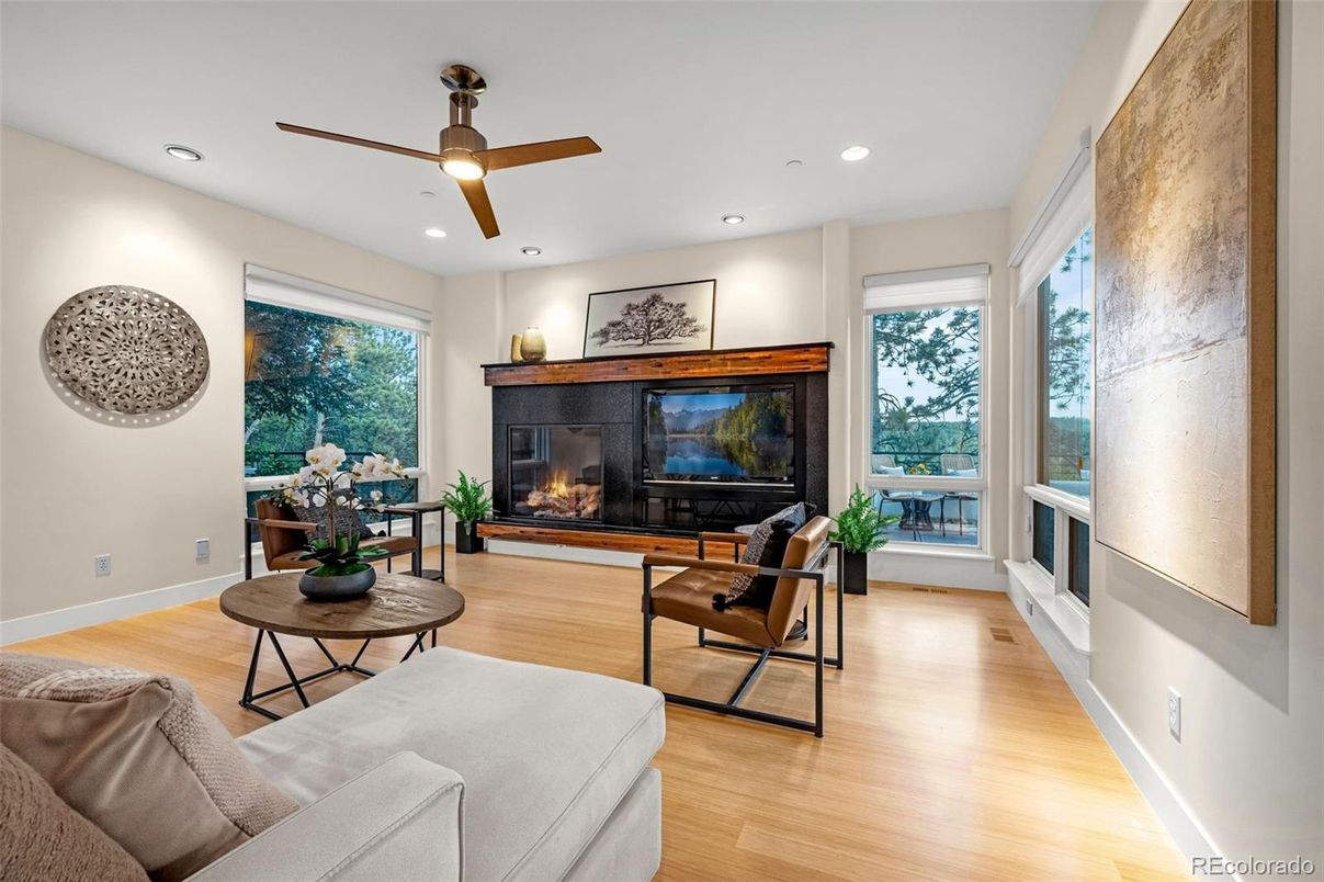 Fireplace, Interior, Living room, Recessed Lighting, Wood Texture Flooring