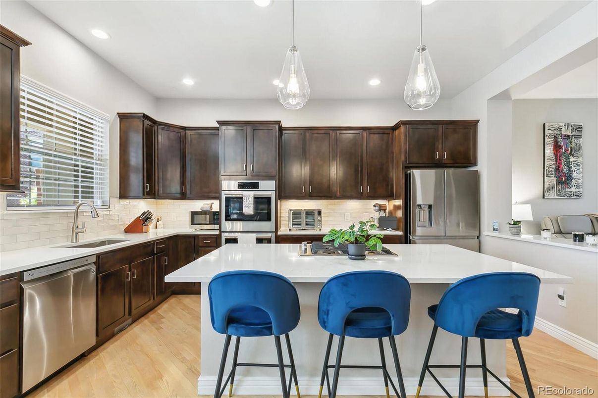 Interior, Kitchen, Pendant Lights, Recessed Lighting, Stainless Steel Appliances, Wood Texture Flooring