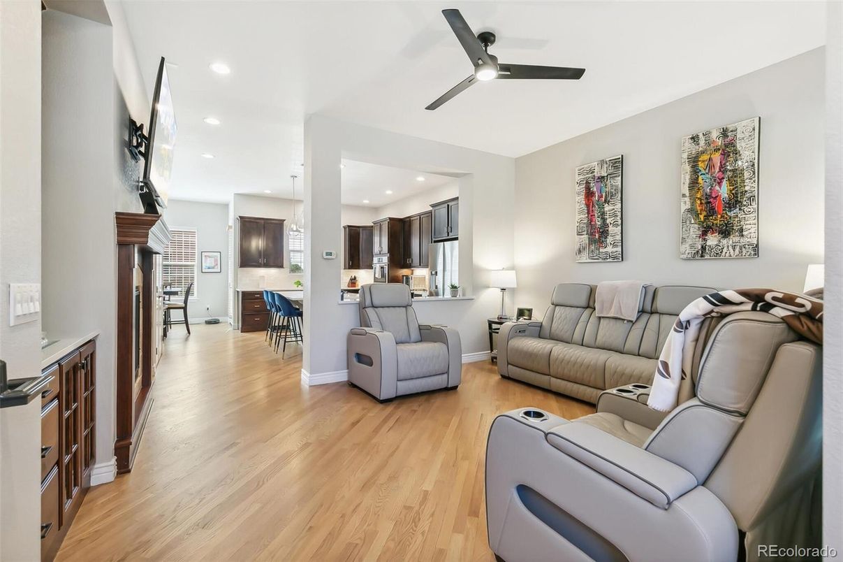 Dining room, Interior, Kitchen, Living room, Pendant Lights, Recessed Lighting, Wood Texture Flooring