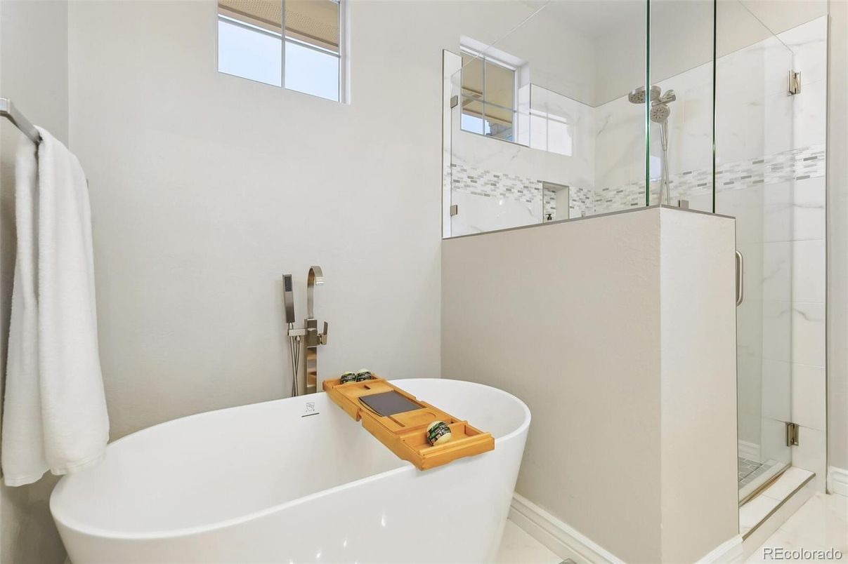 Bathroom, Free Standing Baths, Glass Shower, Interior, Marble Walls