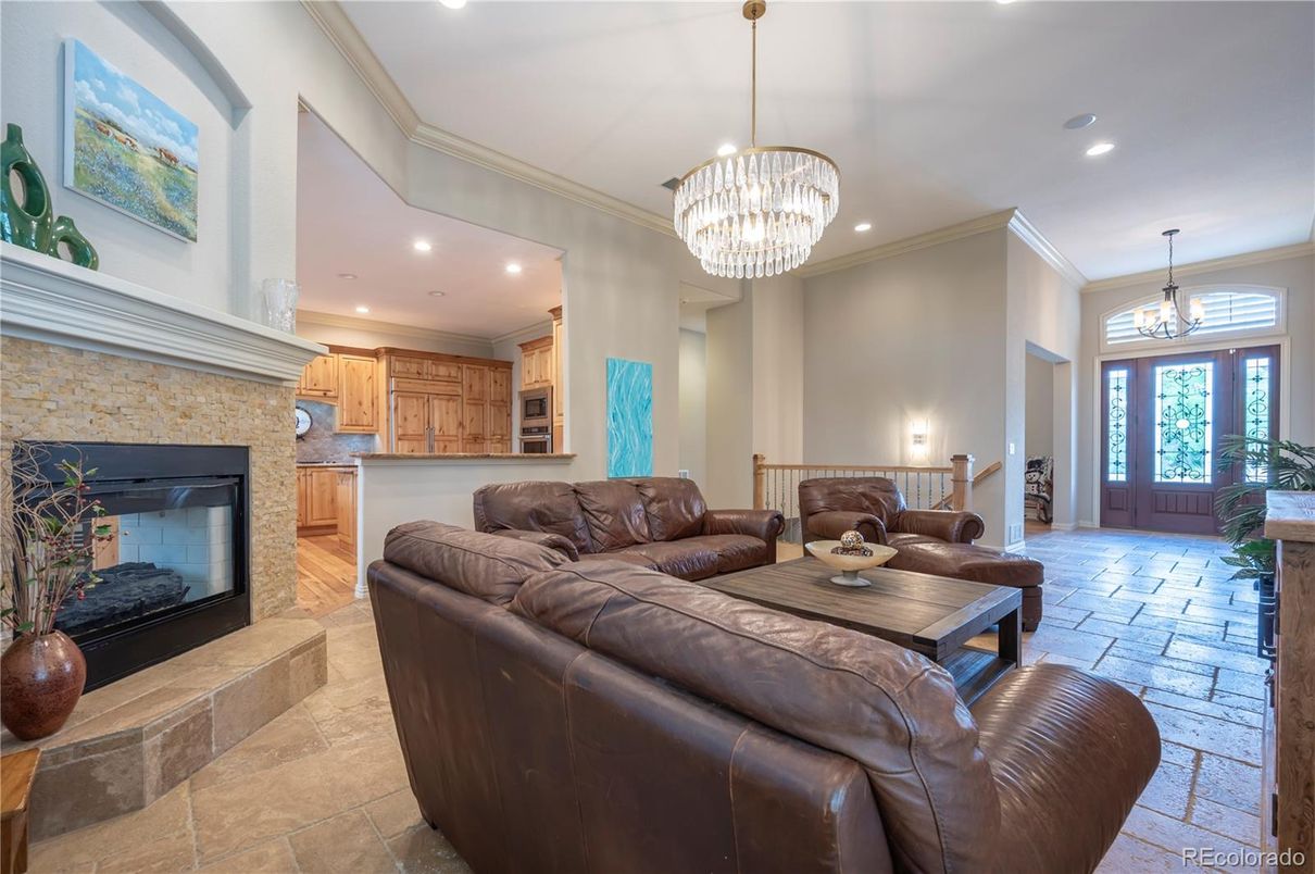 Chandelier, Dining room, Fireplace, Interior, Kitchen, Living room, Pendant Lights, Recessed Lighting, Stone Walls