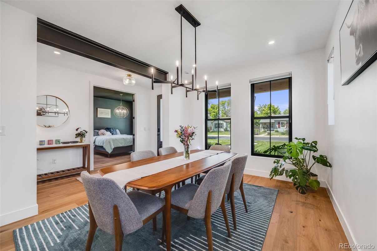 Bedroom, Dining room, Interior, Pendant Lights, Recessed Lighting, Wood Texture Flooring