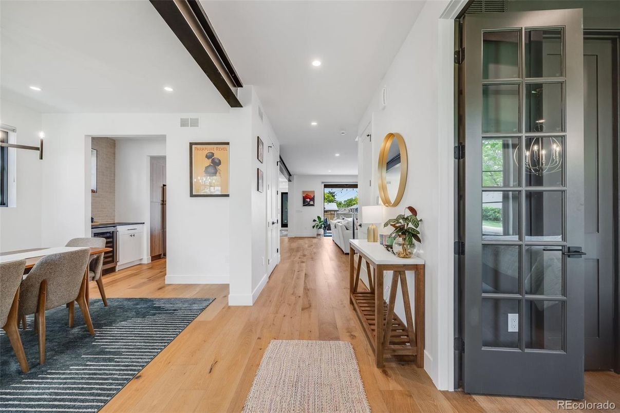 Dining room, Interior, Recessed Lighting, Wood Texture Flooring