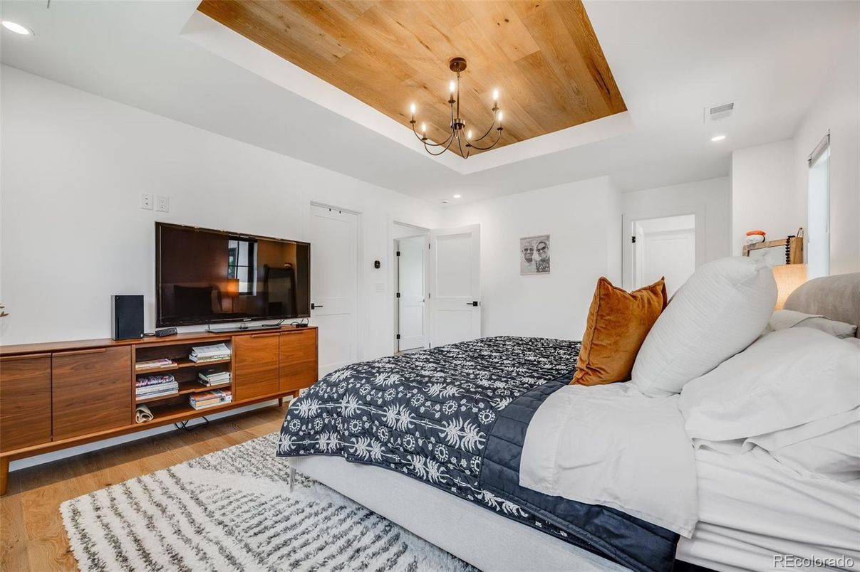 Bedroom, Chandelier, Interior, Recessed Lighting, Wooden Ceilings, Wood Texture Flooring