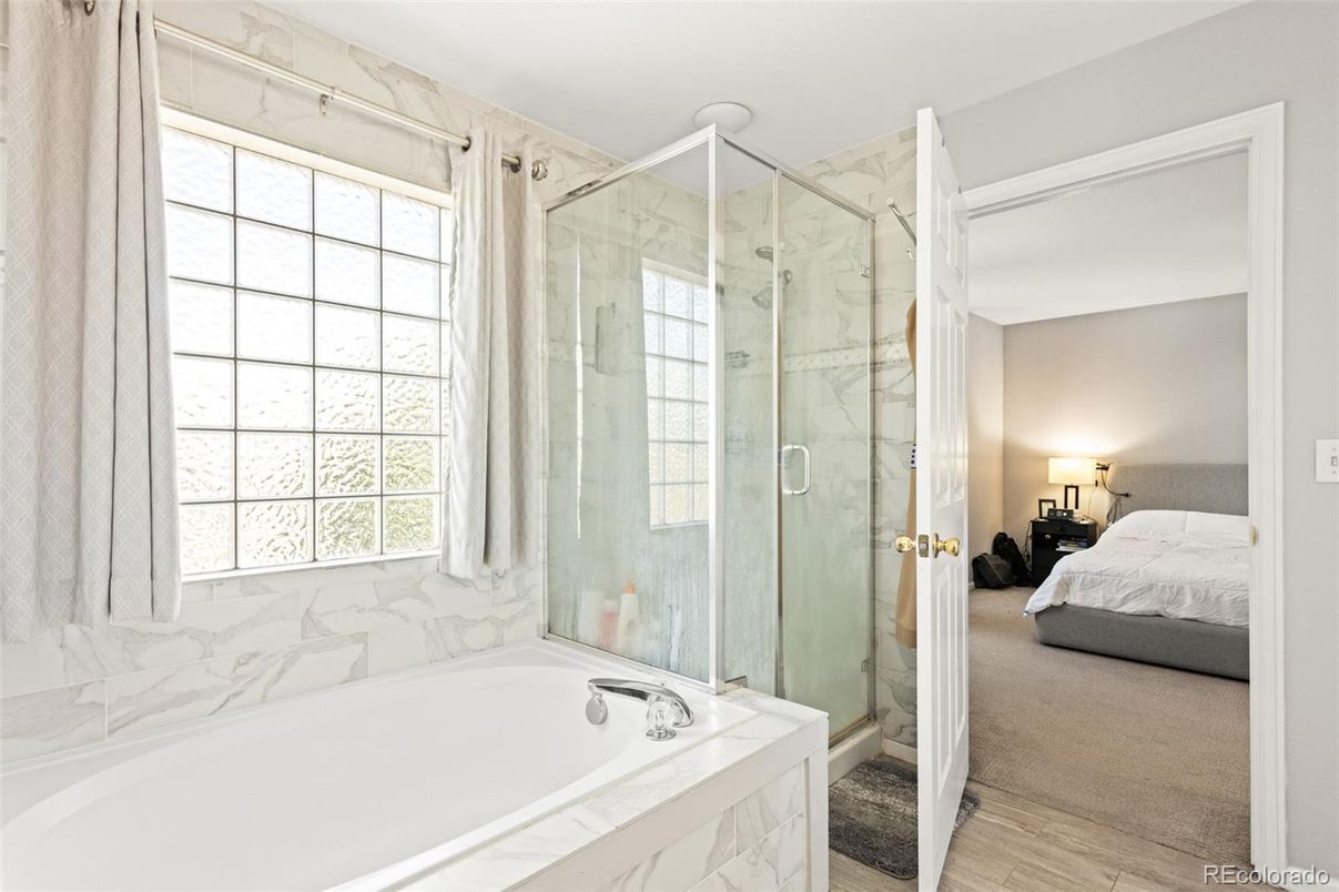 Bathroom, Bedroom, Glass Shower, Interior, Marble, Marble Walls, Wood Texture Flooring