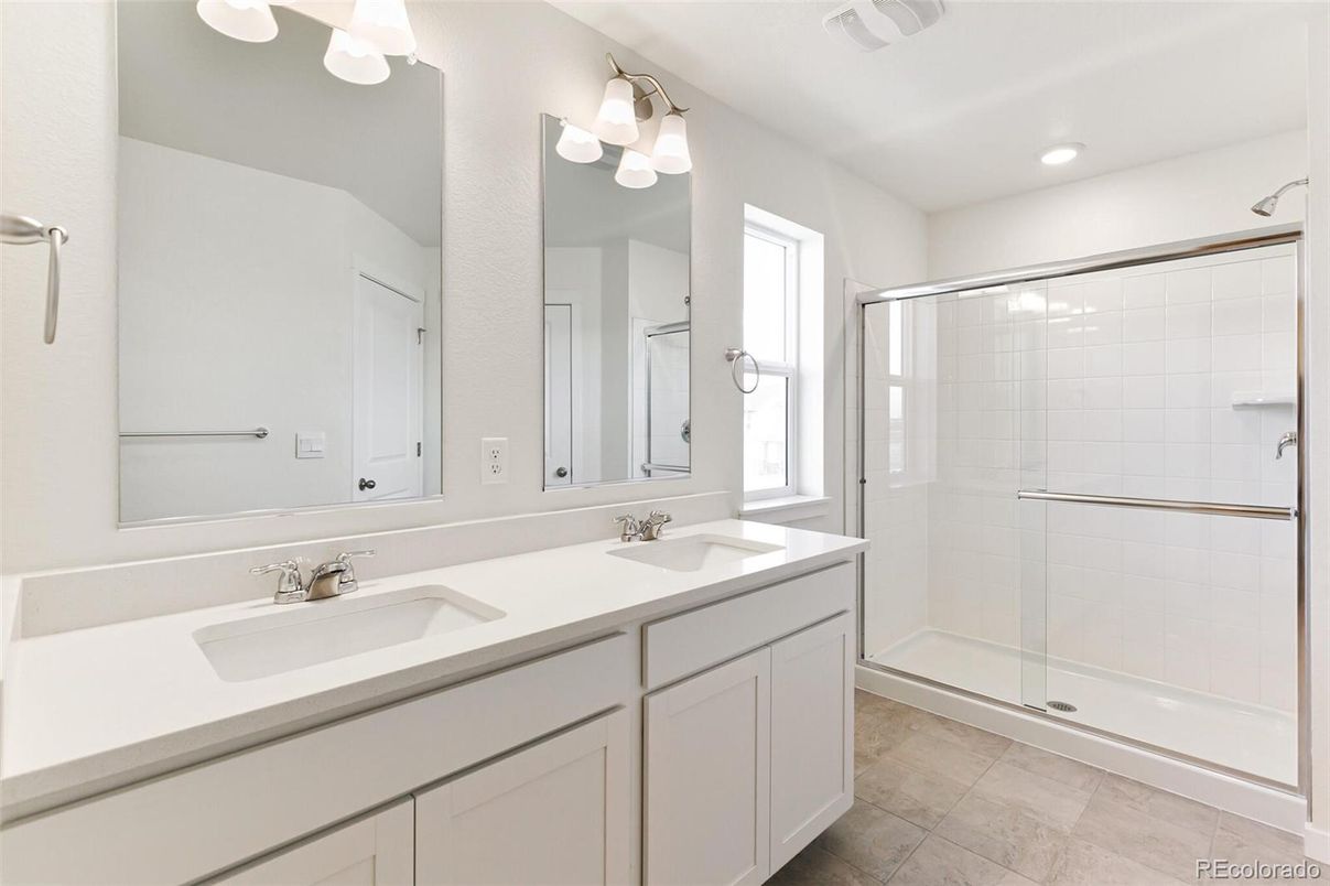 Bathroom, Dual Sink Vanities, Glass Shower, Interior, Recessed Lighting
