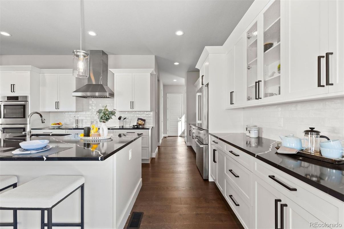 Interior, Kitchen, Pendant Lights, Recessed Lighting, Stainless Steel Appliances, Wood Texture Flooring