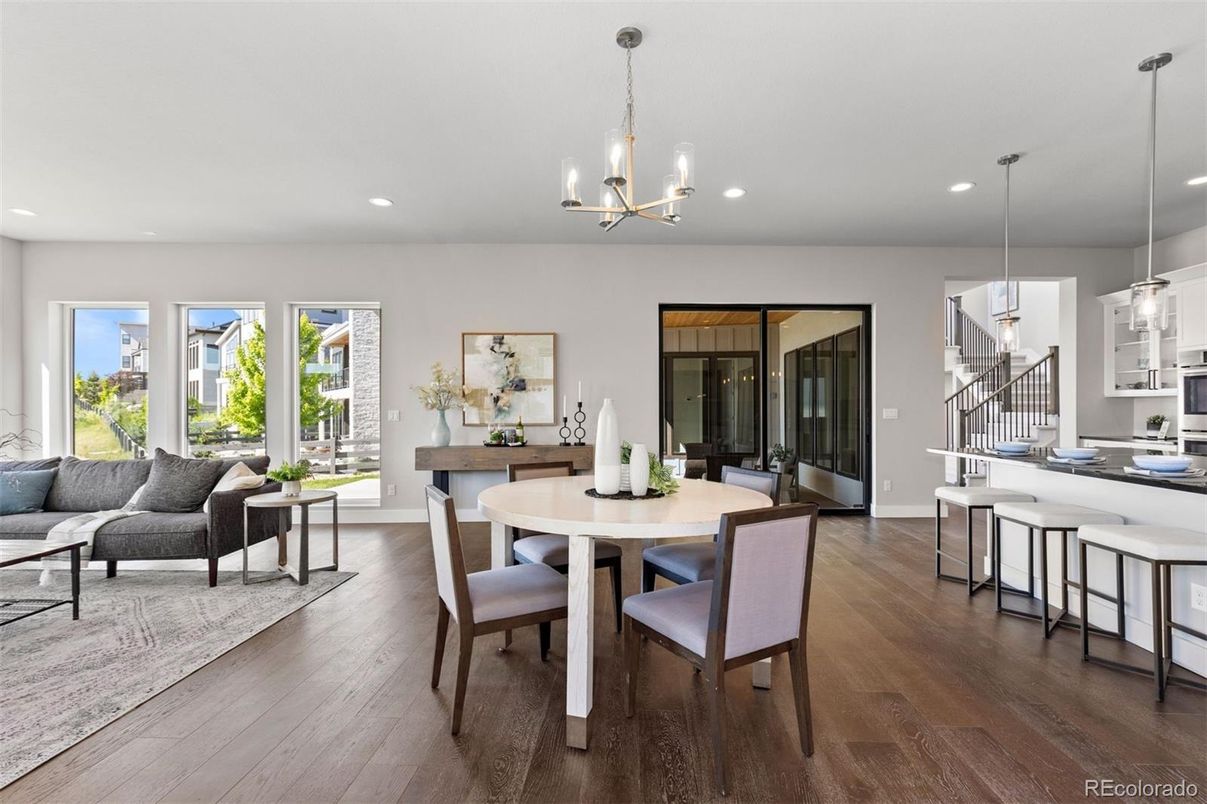 Chandelier, Dining room, Interior, Living room, Pendant Lights, Recessed Lighting, Wood Texture Flooring
