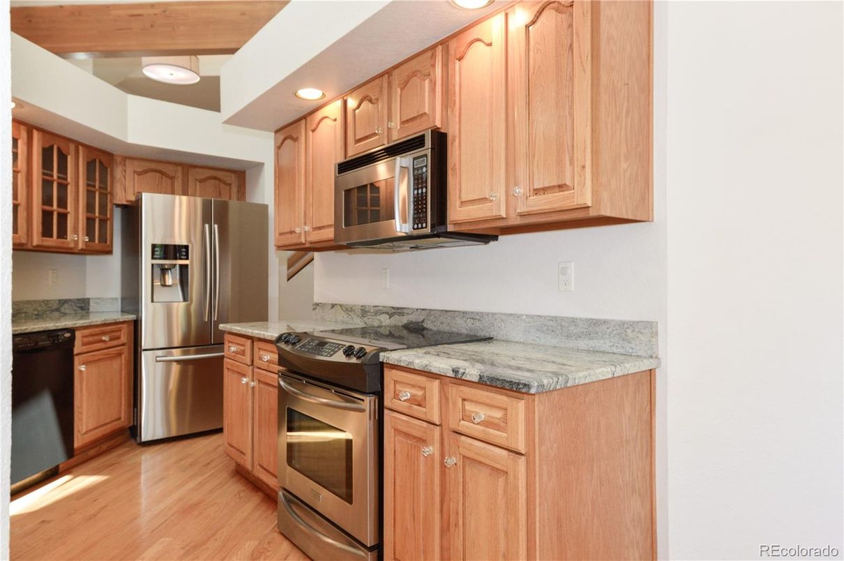 Interior, Kitchen, Recessed Lighting, Stainless Steel Appliances, Wood Texture Flooring