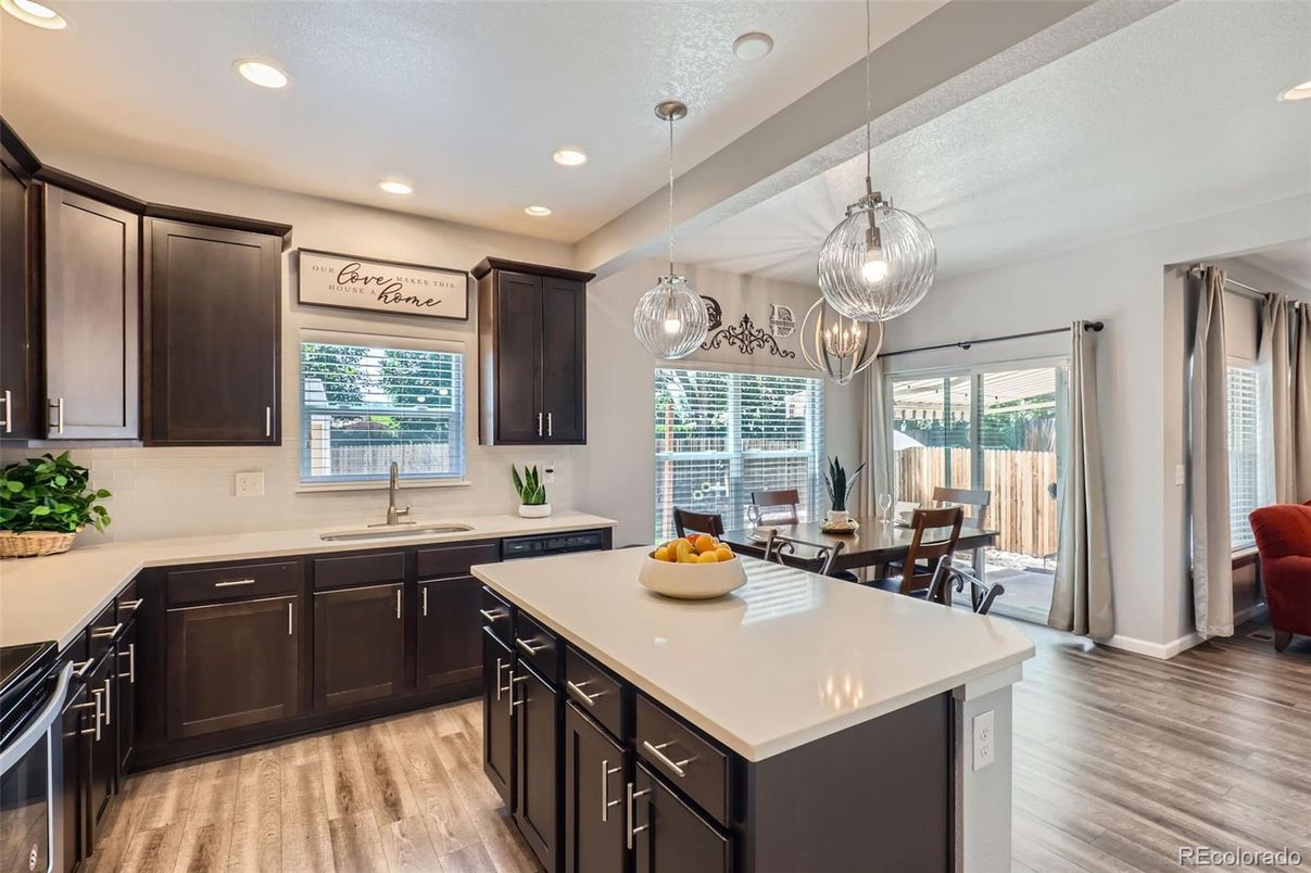 Dining room, Interior, Kitchen, Pendant Lights, Recessed Lighting, Wood Texture Flooring