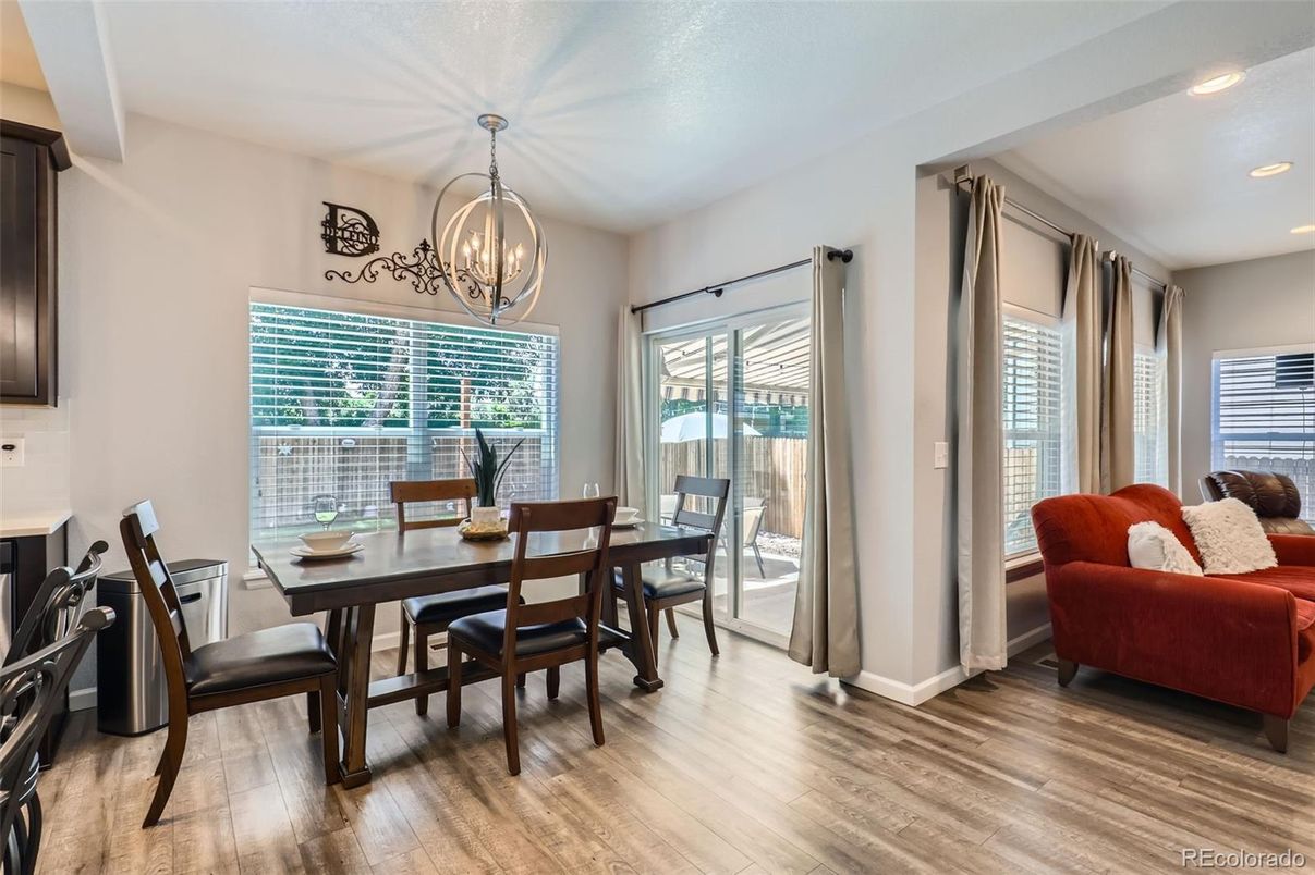 Dining room, Interior, Pendant Lights, Recessed Lighting, Wood Texture Flooring