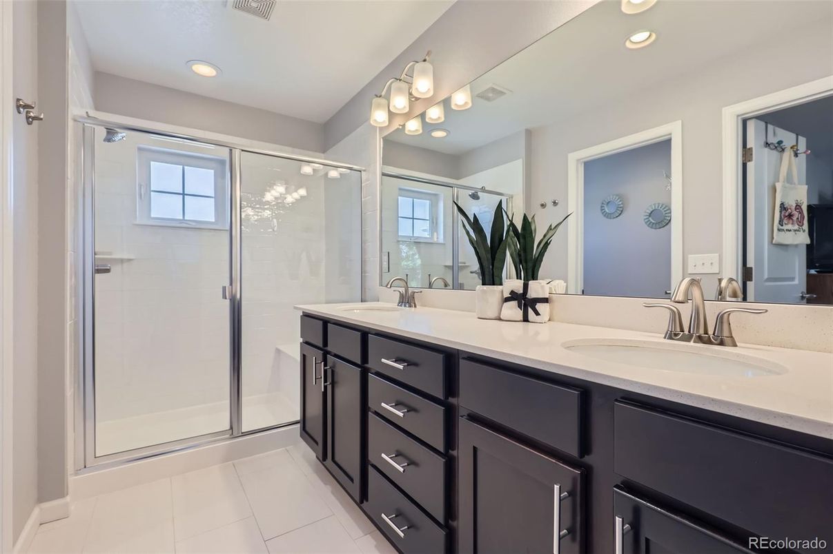 Bathroom, Dual Sink Vanities, Glass Shower, Interior, Recessed Lighting