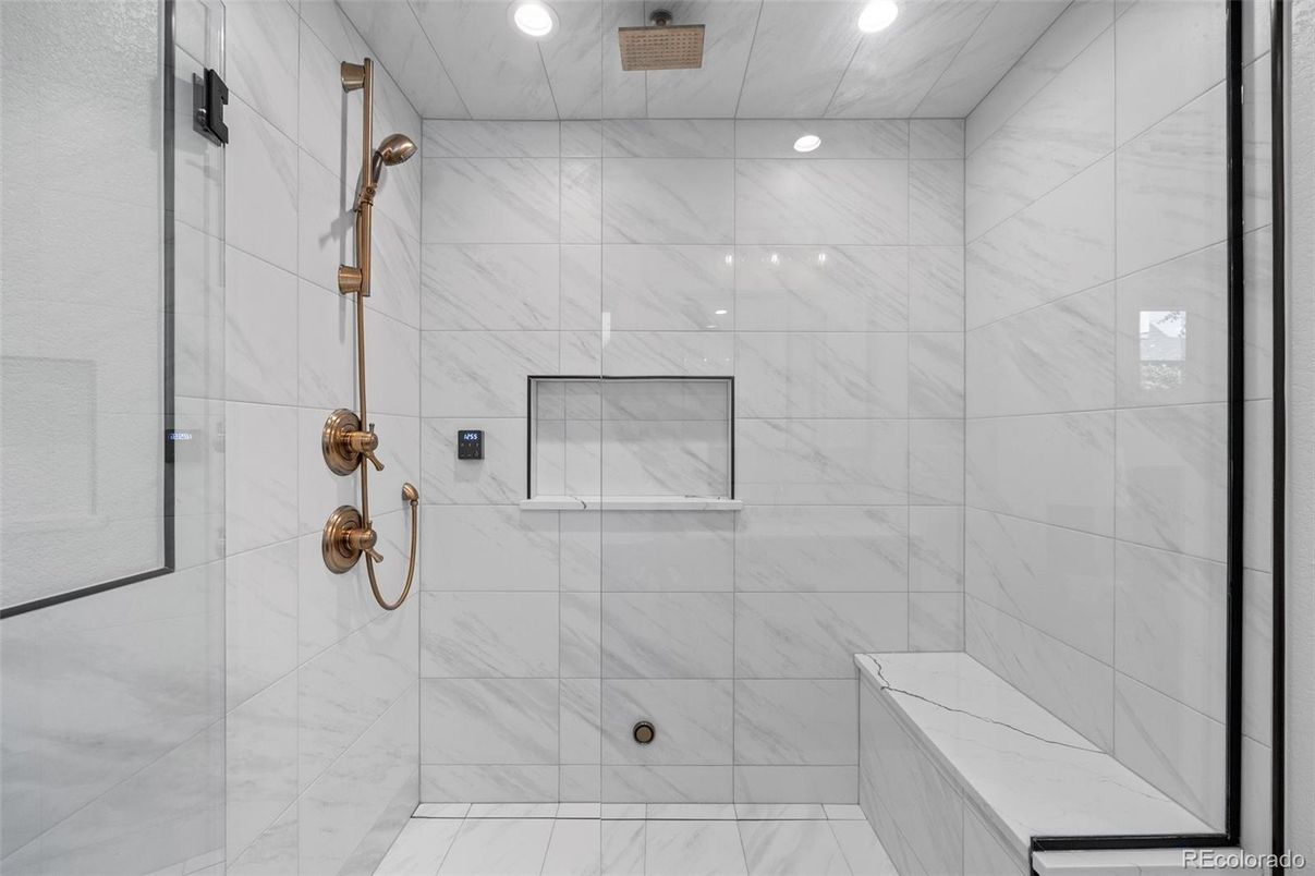Bathroom, Glass Shower, Interior, Marble Walls, Recessed Lighting