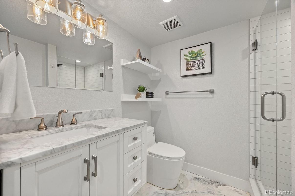 Bathroom, Glass Shower, Interior, Marble, Recessed Lighting