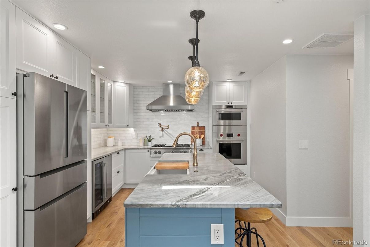 Interior, Kitchen, Pendant Lights, Recessed Lighting, Stainless Steel Appliances, Wood Texture Flooring