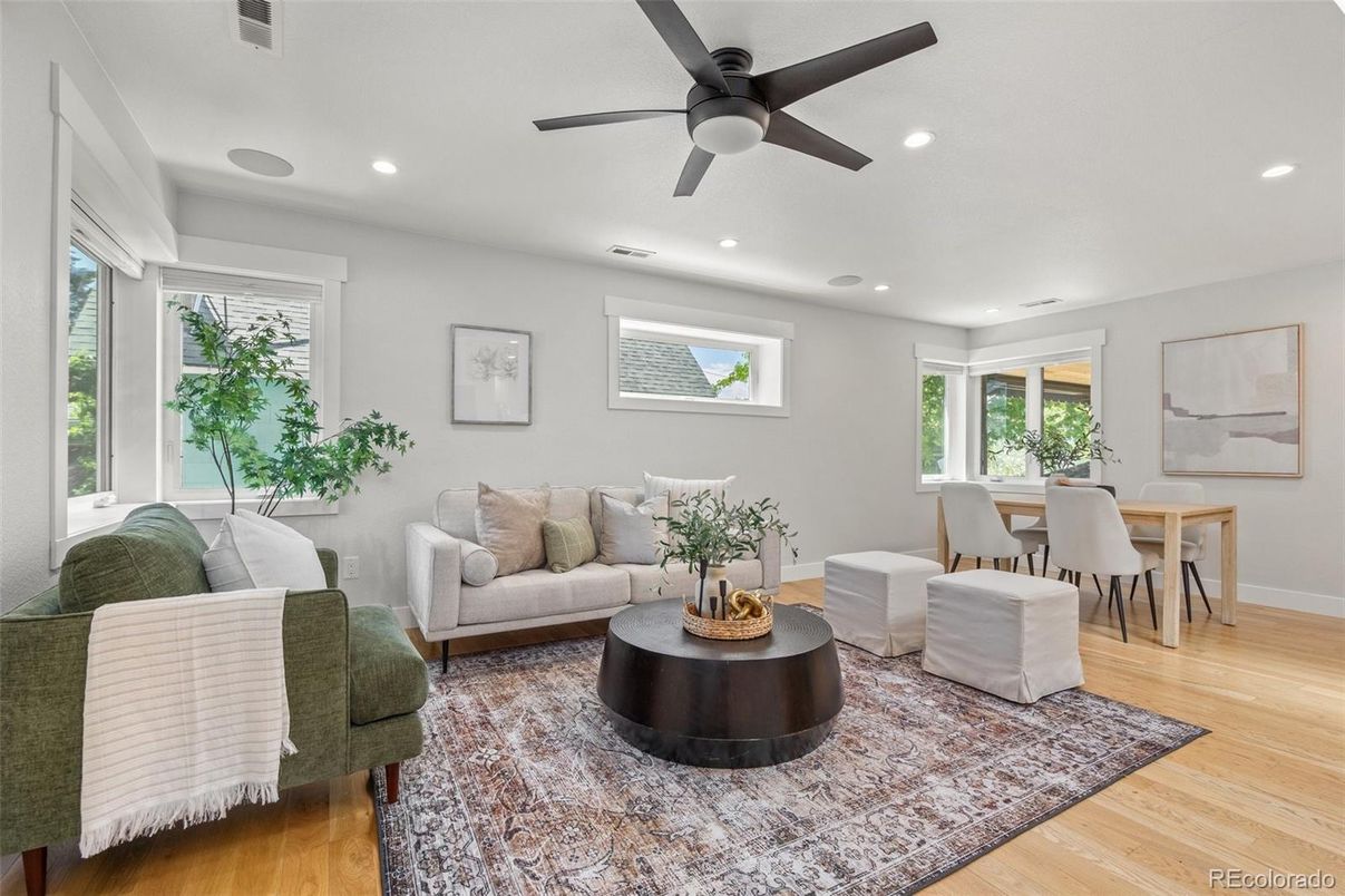 Dining room, Interior, Living room, Recessed Lighting, Wood Texture Flooring