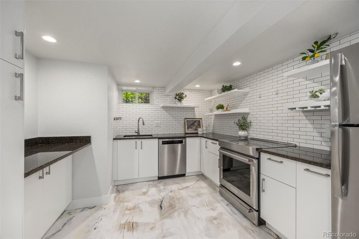 Interior, Kitchen, Marble, Recessed Lighting, Stainless Steel Appliances, Stone Walls