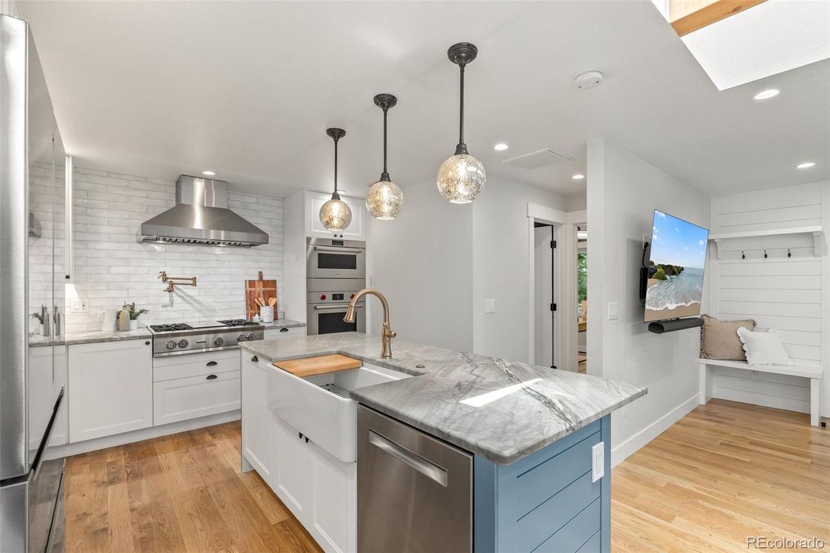 Interior, Kitchen, Pendant Lights, Recessed Lighting, Stainless Steel Appliances, Wood Texture Flooring
