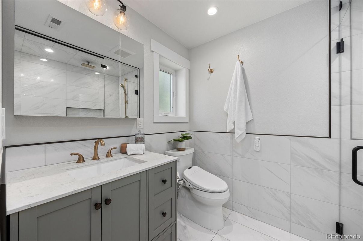 Bathroom, Glass Shower, Interior, Marble, Marble Walls, Recessed Lighting