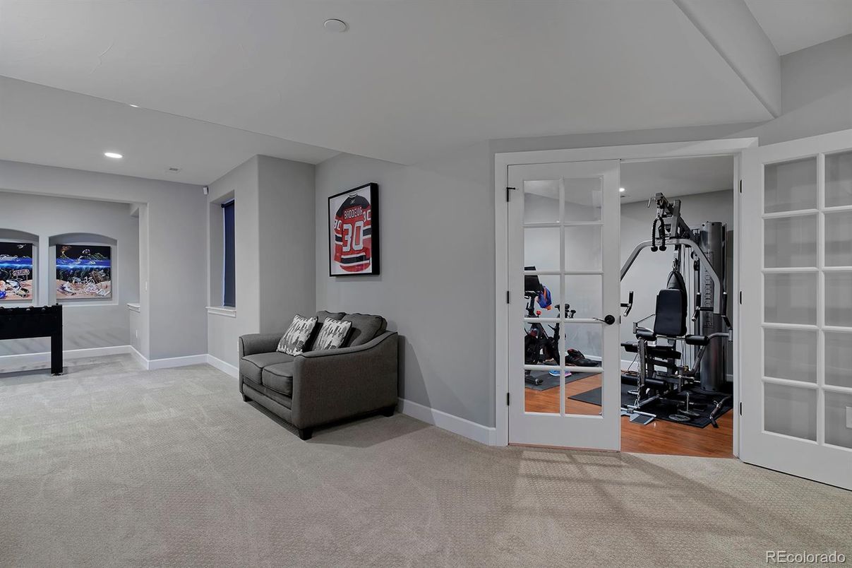Fitness Equipment, Gym, Interior, Recessed Lighting, Wood Texture Flooring