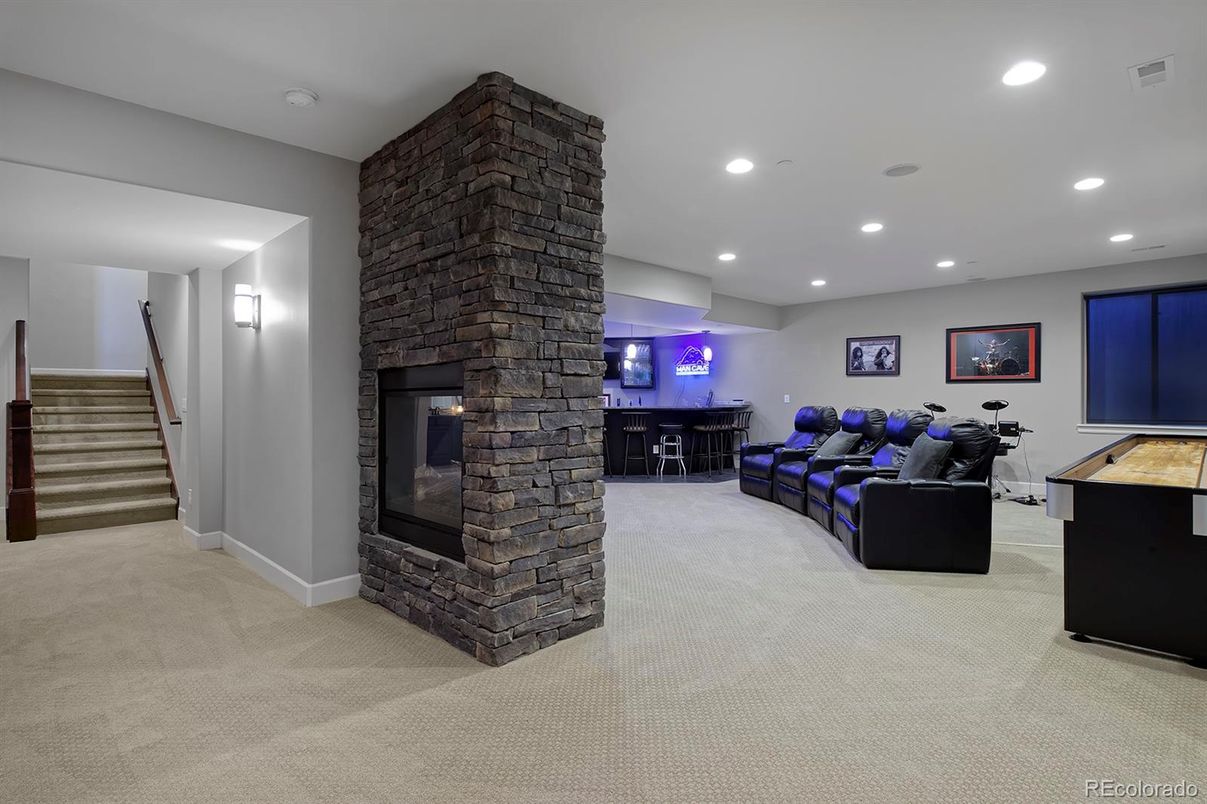 Fireplace, Interior, Living room, Recessed Lighting, Stone Walls
