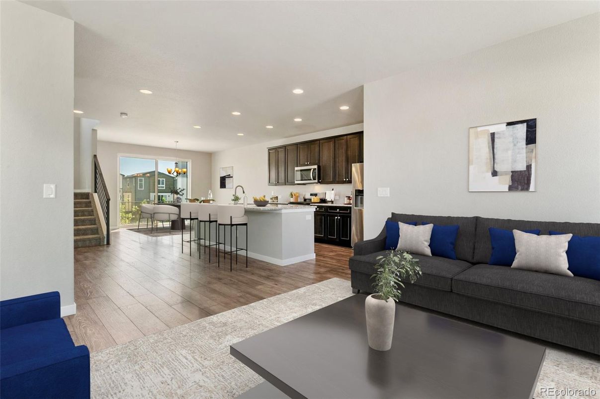 Interior, Kitchen, Living room, Pendant Lights, Recessed Lighting, Stainless Steel Appliances, Wood Texture Flooring