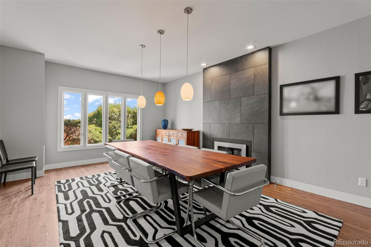 Dining room, Interior, Pendant Lights, Recessed Lighting, Wood Texture Flooring