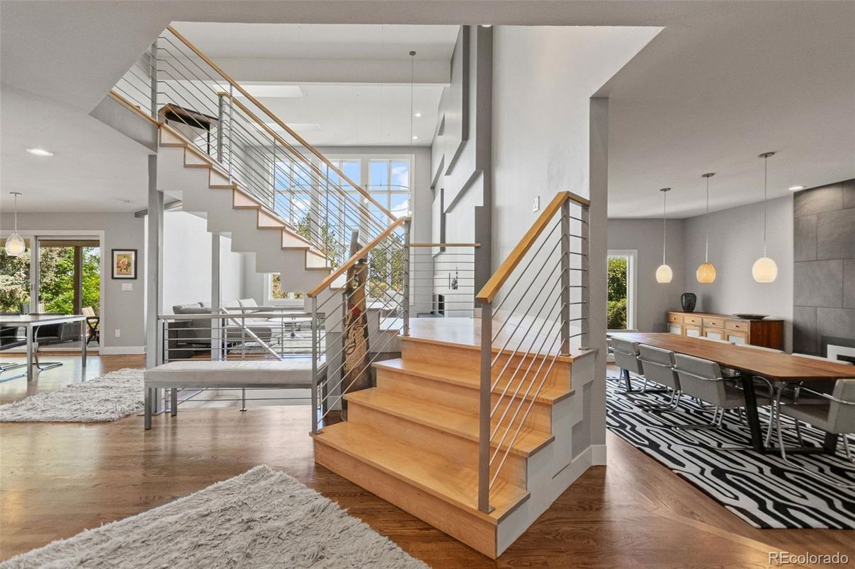 Dining room, Interior, Pendant Lights, Recessed Lighting, Wood Texture Flooring
