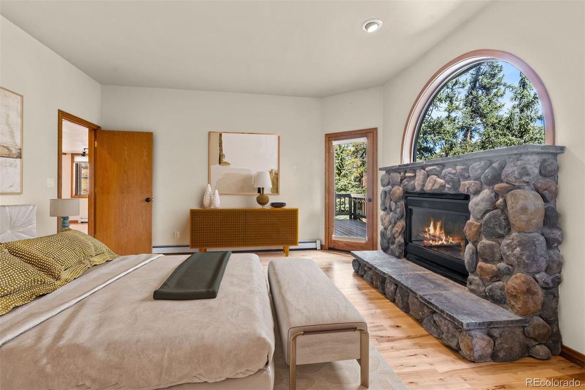 Bedroom, Fireplace, Interior, Recessed Lighting, Wood Texture Flooring