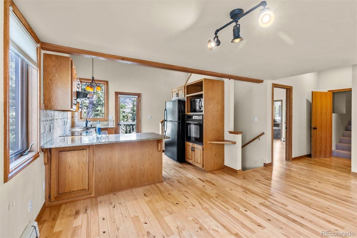 Interior, Kitchen, Pendant Lights, Wood Texture Flooring