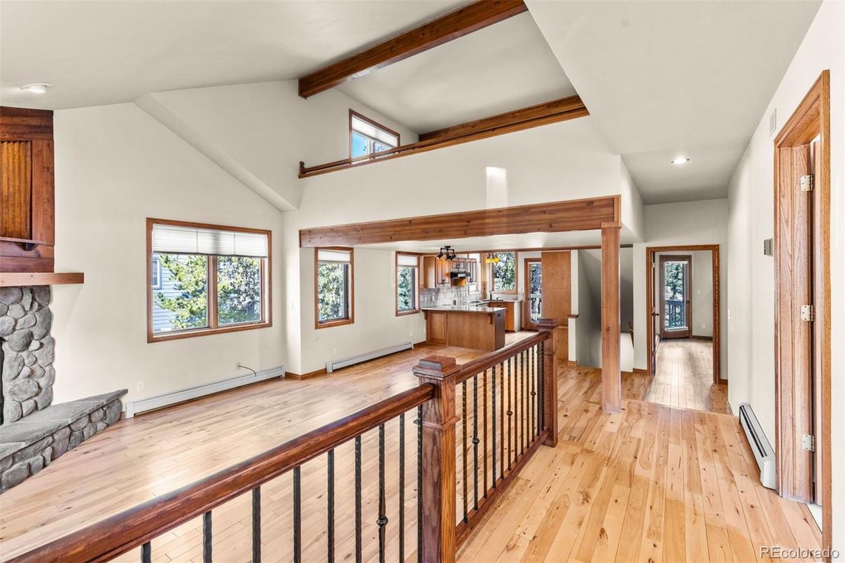 Fireplace, Interior, Recessed Lighting, Wooden Beams, Wood Texture Flooring