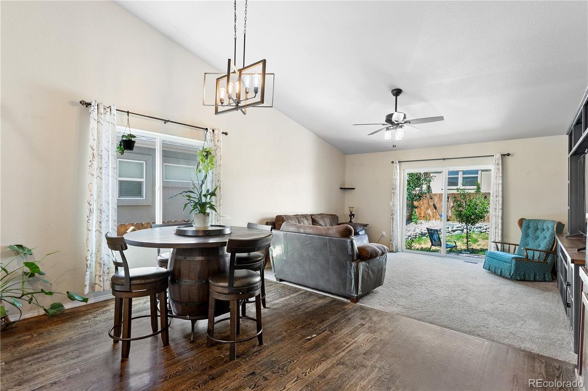 Dining room, Interior, Living room, Pendant Lights, Wood Texture Flooring