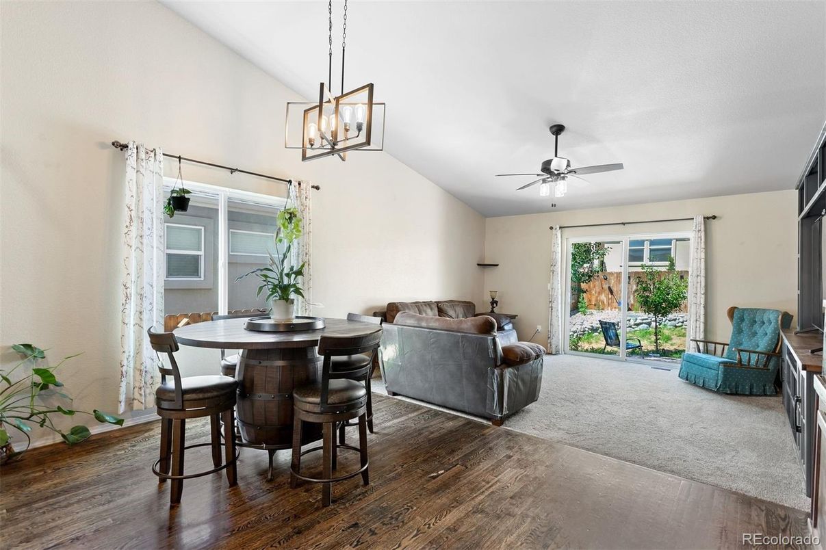 Dining room, Interior, Living room, Pendant Lights, Wood Texture Flooring