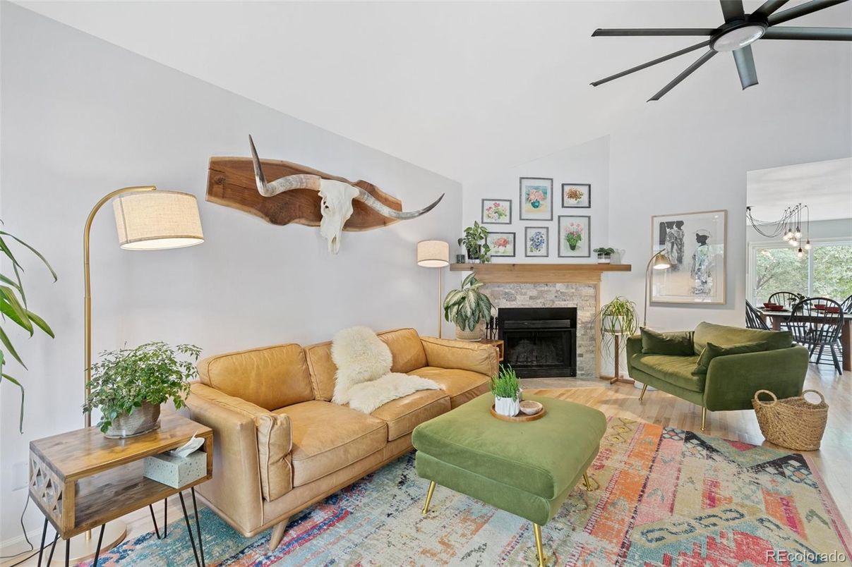Chandelier, Dining room, Fireplace, Interior, Living room, Pendant Lights, Wood Texture Flooring