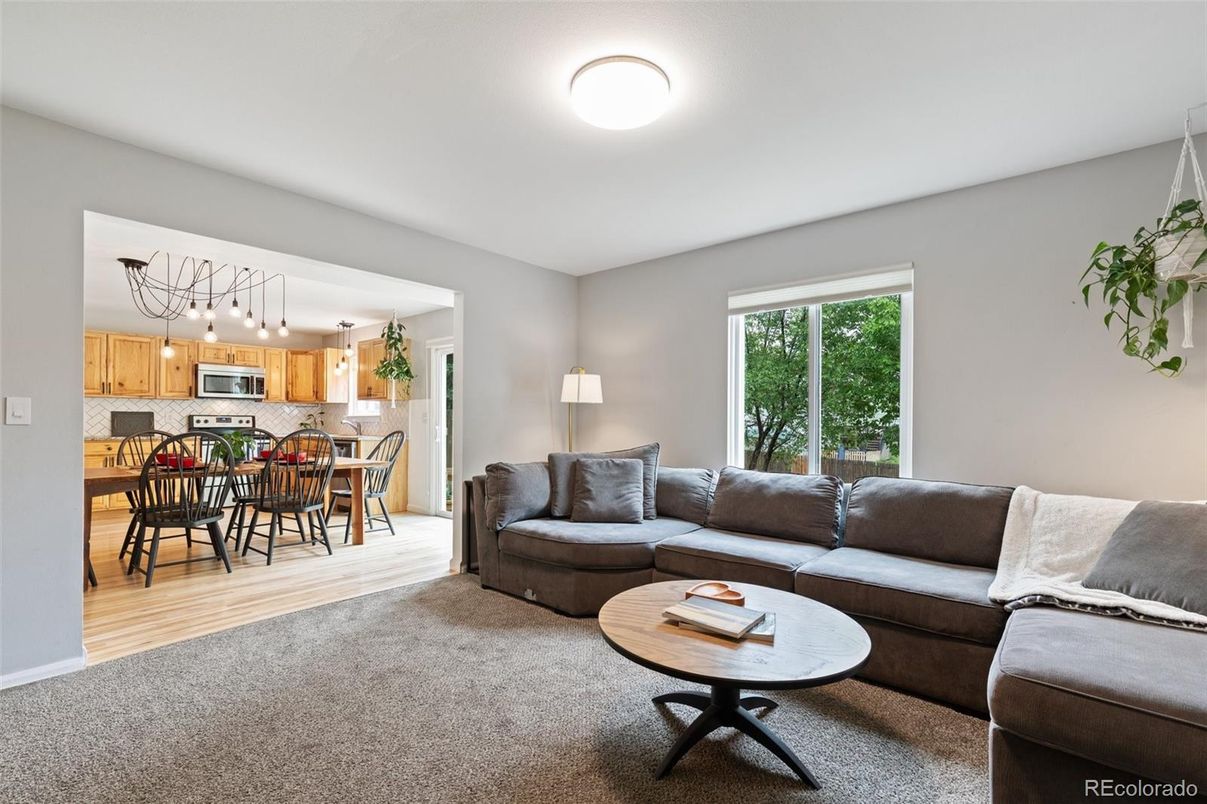 Dining room, Interior, Kitchen, Living room, Pendant Lights, Stainless Steel Appliances, Wood Texture Flooring