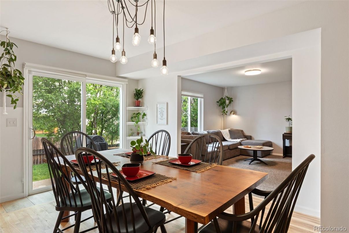 Dining room, Interior, Living room, Pendant Lights, Wood Texture Flooring